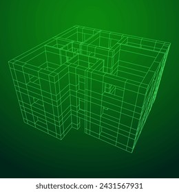 Architecture building. Modern house plan. Wireframe low poly mesh vector illustration.