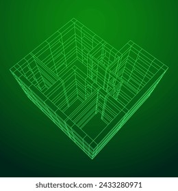 Architecture building. Modern house plan. Wireframe low poly mesh vector illustration.