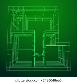 Architecture building. Modern house plan. Wireframe low poly mesh vector illustration.