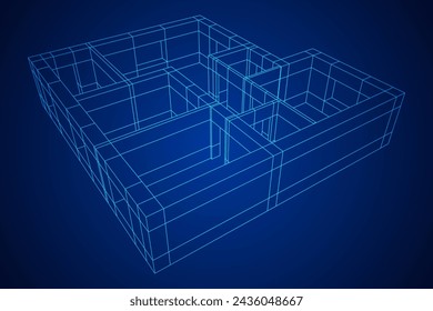 Architecture building. Modern house plan. Wireframe low poly mesh vector illustration.