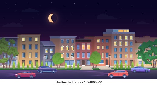 Architecture building in New York streets at night vector illustration. Cartoon flat urban NY skyline, panorama view of streetscape classic facade brick houses, cars on road, empty sidewalk background