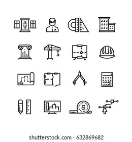 Architecture, building planning, house construction line vector icons set