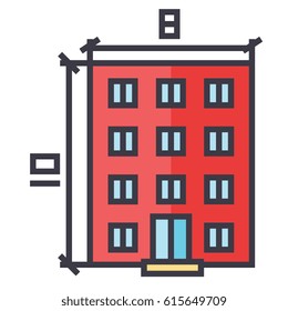 Architecture building project icon symbol: architectural drawing, home design, modern construction. Editable strokes. Flat design line vector illustration concept. Image isolated on white background
