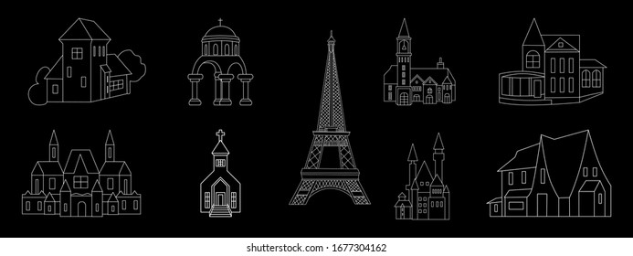 Architecture Building Set. Outline illustration of France vector icon for web and advertising isolated on black background. Element of culture and traditions