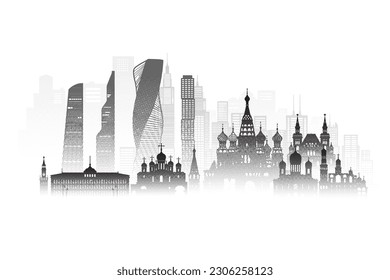 Architecture building sketch silhouette in Russia, Moscow with Black halftone style. Tour Moscow architecture famous landmarks of Russia in Europe on white background. Sketch drawing for modern design