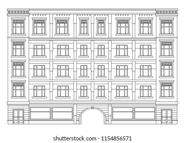 architecture building street arch facade house view landscape , black outline contour on white . cityscape front street panorama. ground floor shop with door and classic windows