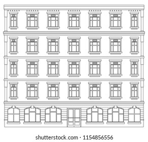 architecture building street facade house view landscape, black outline contour on white . cityscape front street panorama. ground floor shop store with door and classic windows