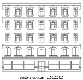 architecture building street facade house view landscape, black outline contour on white . cityscape front street panorama. ground floor shop with door and classic windows