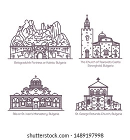 Architecture buildings of Bulgaria in thin line. Kaleto or Belogradchik fortress, Saint Ivan or Rila Monastery, Church of George Rotunda, Tsarevets castle. Landmarks