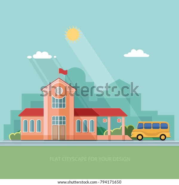 Architecture is the bus station in the city for
tourism and travel. Infrastructure town. Vector flat illustration
for design