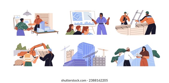 Architecture business set. Architect presenting, show construction project. Builders in helmet work on building site. Professional engineers team. Flat isolated vector illustration on white background