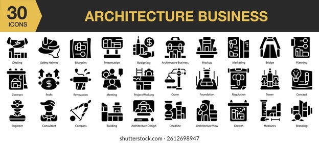 Architecture Business solid icon set. Includes business, architecture, office, modern, building, design, and More. Solid icons vector collection.