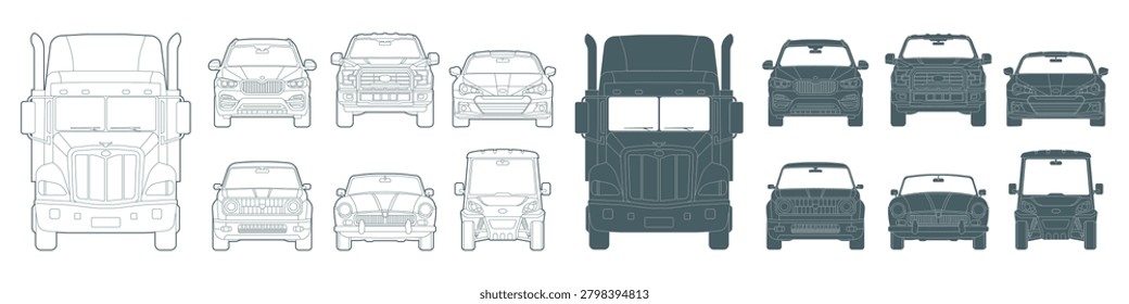Architecture CAD drawing elevation view elements of various vehicles with line art and silhouettes of truck, SUV, pickup, sedan, classic car, and golf cart, viewed from the front