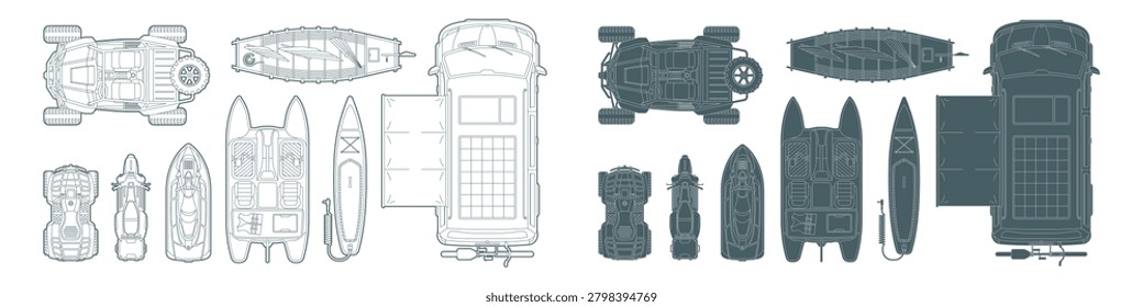 Architecture CAD drawing top down maps plan view elements of recreational vehicles and watercraft with line art and silhouettes of campervan, ATV, motorcycle, kayak, catamaran, and paddleboard