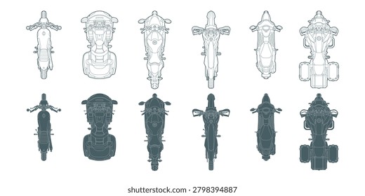Architecture CAD drawing top down maps plan view elements of motorcycles with line art and silhouettes of sport bikes, dirt, bikes, scooters, and touring motorbikes