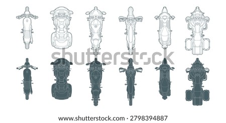 Architecture CAD drawing top down maps plan view elements of motorcycles with line art and silhouettes of sport bikes, dirt, bikes, scooters, and touring motorbikes