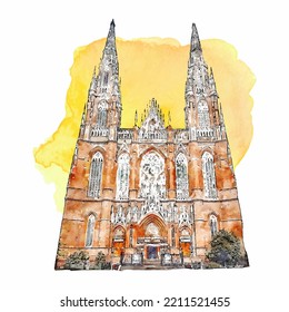 Architecture catedral la plata argentina watercolor hand drawn illustration isolated on white background