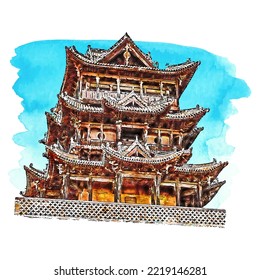 Architecture china watercolor hand drawn illustration isolated on white background