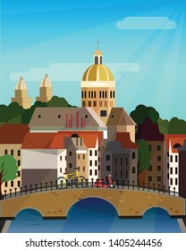 The architecture of the city . Bridge over the canal in Amsterdam. Amsterdam culture The historic center of the city. Amsterdam landscape.  Streets of Amsterdam. Flat style illustraion.   Nederland