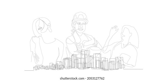 Architecture city buildings planned as a single row and business woman figures working behind them. Building architectural project drawings. business  and construction project advertising background