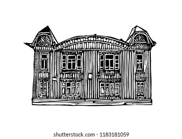 Architecture of the city of Krasnoyarsk. Black and white graphics, suitable for printed products.Can be used in social networks, for articles, publications, postcards, print, poster, sticker.