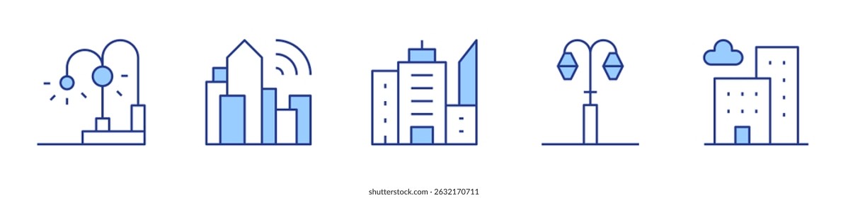 architecture and city, lamppost, smart city, buildings, city. City Icon vector illustration. Line Duotone style. Editable stroke.