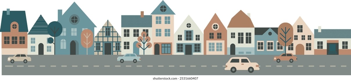  Architecture of city street. Cozy houses facades. Set of decorative elements. Town in minimalist scandinavian style. Flat vector illustration isolated on white background.