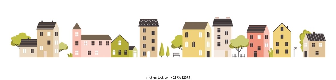 Architecture of city street in minimalist style. Cozy houses facade. Urban landscape. Town in scandi style. Flat vector illustration isolated on white background.