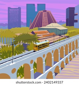 Architecture, cityscape of Rio, Centro. Arches of Lapa, Rio de Janeiro. Brazil, bridge with tram, viaduct. Vector graphic, illustration created by artist.	