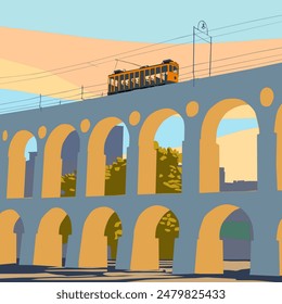 Architektur, Stadtbild von Rio, Centro. Arches of Lapa, Rio de Janeiro. Brasilien, Brücke mit Straßenbahn, Viadukt. Vektorgrafik Grafik, Illustration erstellt von Künstler.	