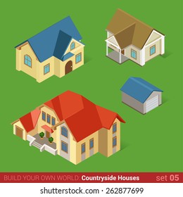 Architecture classic countryside houses buildings icon set flat 3d isometric web illustration vector. Maison home cottage townhouse and garage. Build your own world web infographic collection.