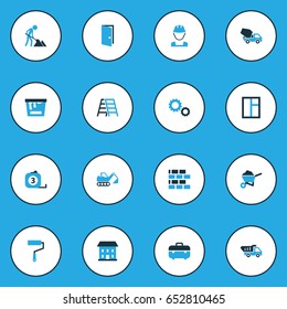 Architecture Colorful Icons Set. Collection Of Cement Vehicle, Tip Truck, Open And Other Elements. Also Includes Symbols Such As Window, Meter, Brickwork.