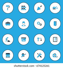 Architecture Colorful Icons Set. Collection Of Paint Roller, Screwdriver, Lifting Hook And Other Elements. Also Includes Symbols Such As Roller, Maintenance, Construction.