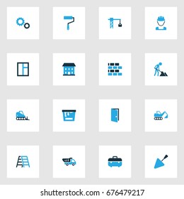 Architecture Colorful Icons Set. Collection Of Paint Roller, Glass, Dozer And Other Elements. Also Includes Symbols Such As Shovel, House, Instruments.