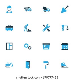Architecture Colorful Icons Set. Collection Of Maintenance, Paint Roller, Paint And Other Elements. Also Includes Symbols Such As Hook, Wrench, Concrete.