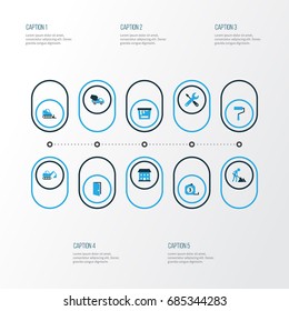 Architecture Colorful Icons Set. Collection Of Paint, Cement Vehicle, Building And Other Elements. Also Includes Symbols Such As Wrench, Bulldozer, Dozer.