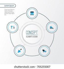 Architecture Colorful Icons Set. Collection Of Cement Vehicle, Dozer, Putty Knife And Other Elements. Also Includes Symbols Such As Concrete, Hook, House.