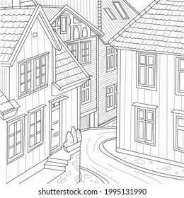 Architecture. Coloring book antistress for adults and children, house street cityscape. Illustration isolated on white background. Outline style.