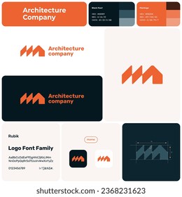 Architecture company logo with brand name. Home icon. Creative design element and visual identity. Template with rubik font. Suitable for architect, building, construction.