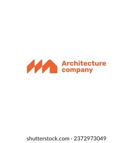 Architecture company logo with brand name. Home icon. Orange creative design element and visual identity. Suitable for architect, building, construction.