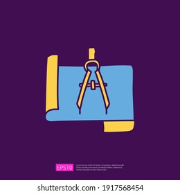 architecture compass and paper icon. engineering related doodle concept. measure and architect drawing sign symbol. fill color line vector