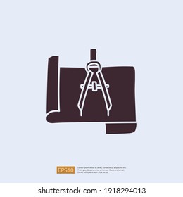 architecture compass and paper icon. engineering related doodle concept. measure and architect drawing sign symbol. solid style icon vector