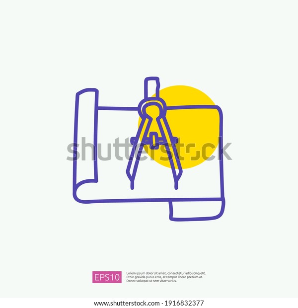 architecture compass and paper icon. engineering\
related doodle concept. measure and architect drawing sign symbol.\
fill color line\
vector
