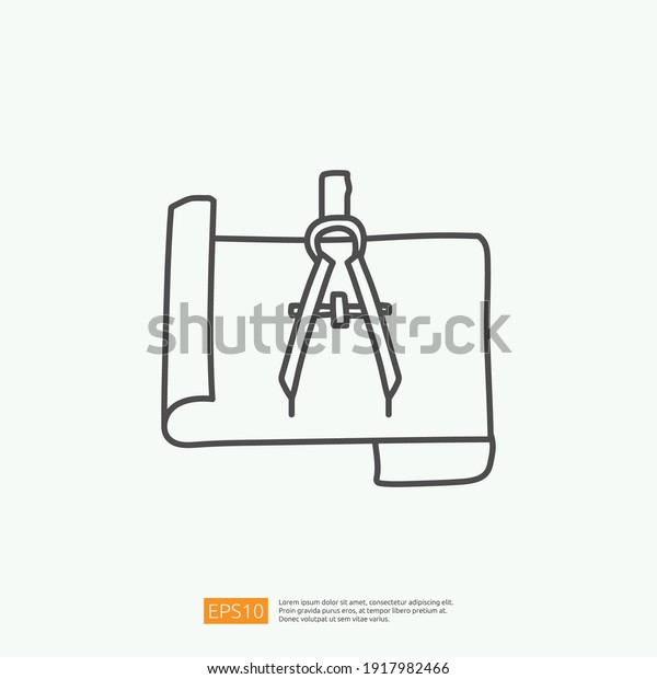 architecture compass and paper icon. engineering\
related doodle concept. measure and architect drawing sign symbol.\
stroke line\
vector