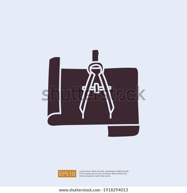 architecture compass and paper icon. engineering\
related doodle concept. measure and architect drawing sign symbol.\
solid style icon\
vector