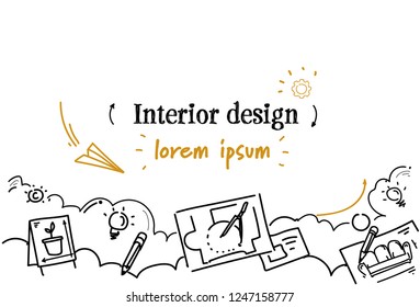 architecture compass technical drawing interior design. concept sketch doodle horizontal isolated copy space.