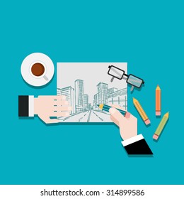  Architecture concept. Flat design illustration concepts for working, task, construction, drawing, architectural, business, analysis, planning, brainstorming.