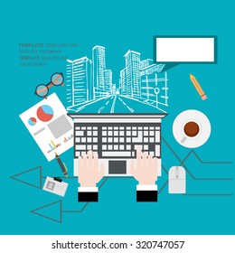 Architecture concept. Flat design illustration concepts for working, task, construction, drawing, architectural, business, analysis, planning, brainstorming.