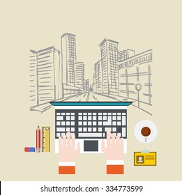 Architecture concept. Flat design illustration concepts for working, task, construction, drawing, architectural, business, analysis, planning, brainstorming. Concepts web banner and printed materials.
