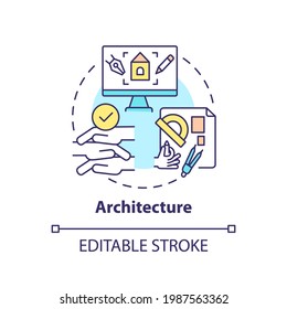 Architecture concept icon. Co-design application field idea thin line illustration. Planning, designing and constructing buildings. Vector isolated outline RGB color drawing. Editable stroke